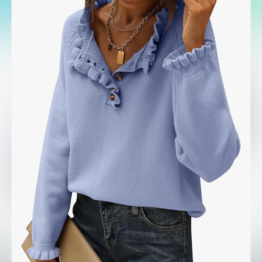 Adorable Long Sleeve Button Down Ruffle Sweater - Picture 2 of 5